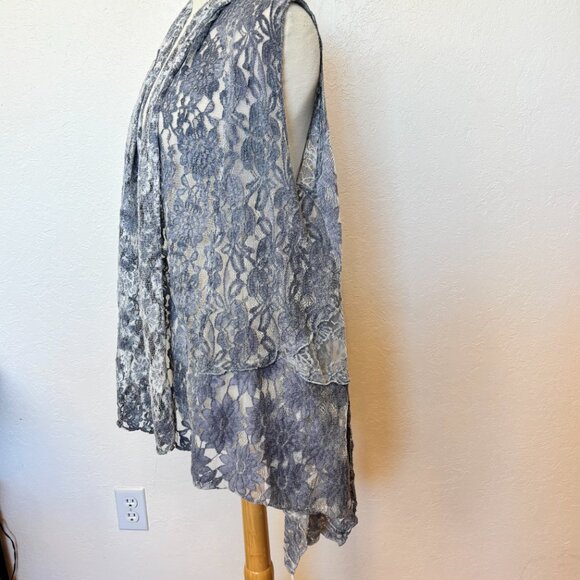 Womans long lace open vest SZ LG Hi Low sides BOHO overtop Slate blue - Picture 4 of 7